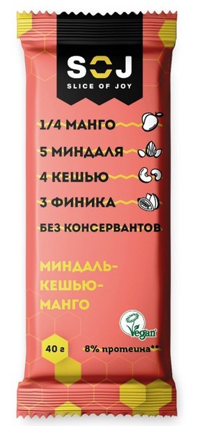 Фруктово-ореховый батончик со вкусом манго "МИНДАЛЬ-КЕШЬЮ-МАНГО" 40 г 